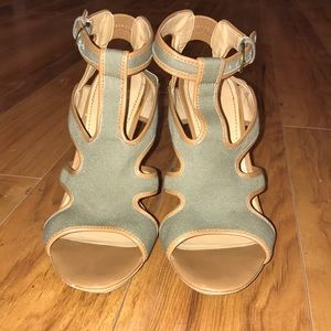Green and tan high heeled sandals
